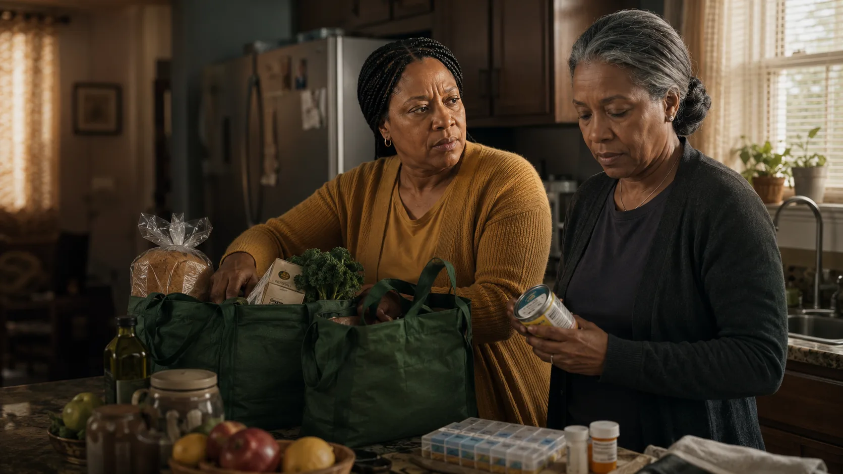 Tanya unpacking groceries and medication in Monica’s kitchen