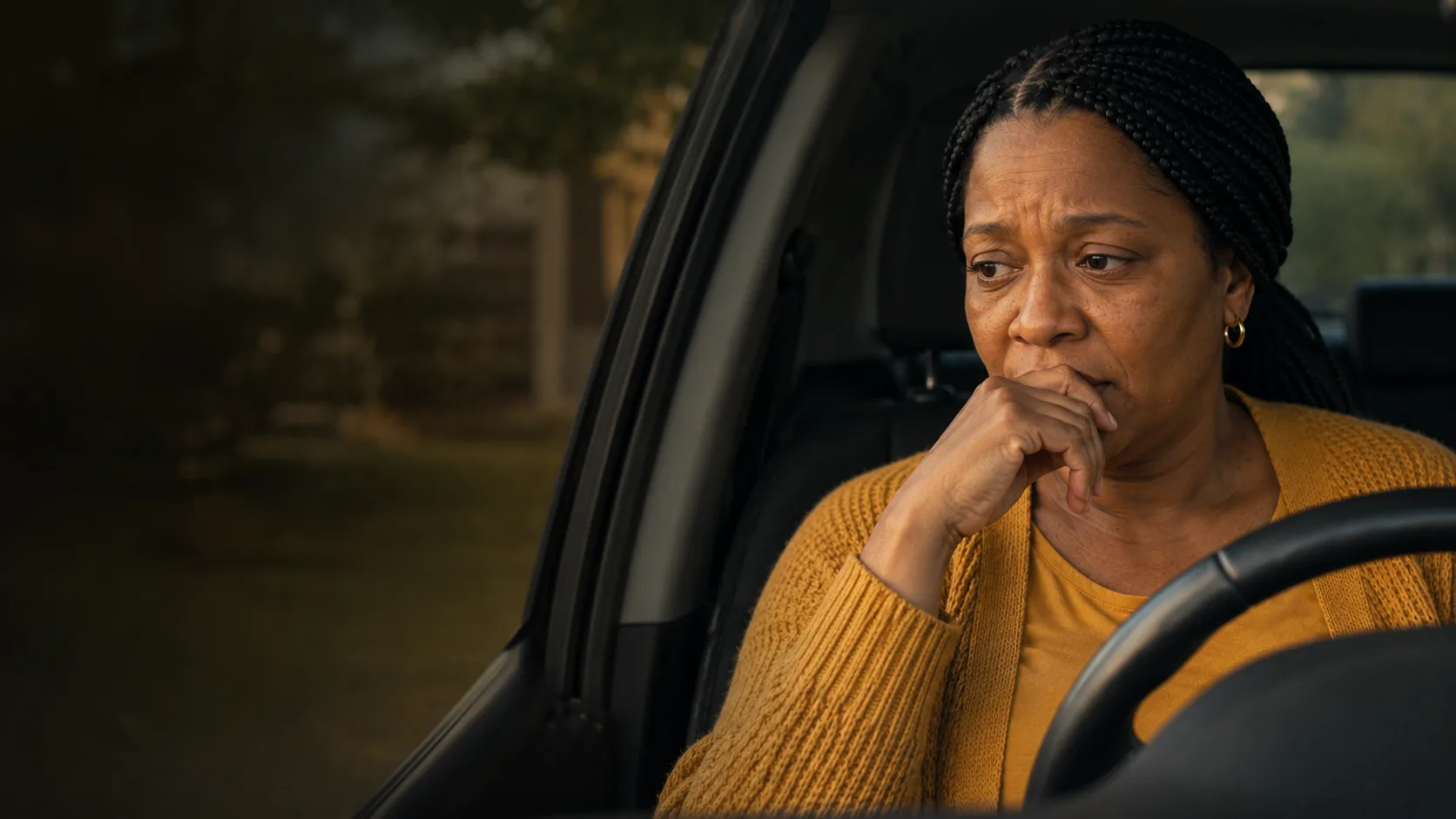 Tanya alone in her car, holding back tears