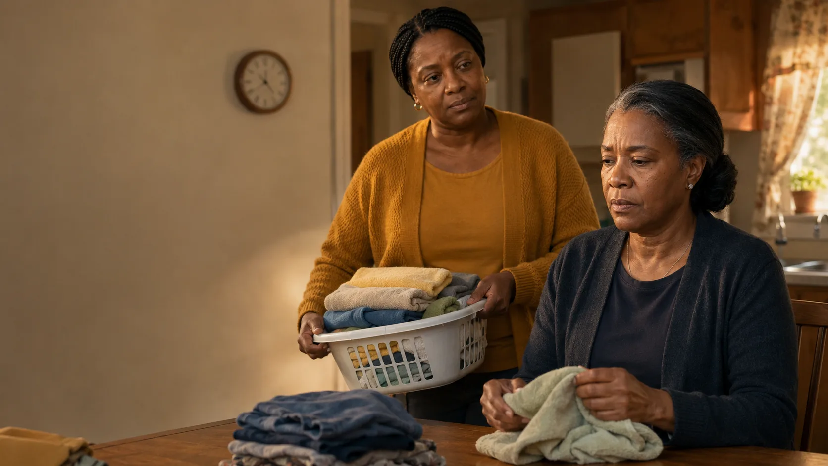 Tanya folding laundry beside Monica