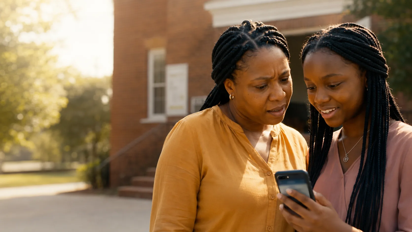 Tanya and her daughter looking at a phone on the front path
