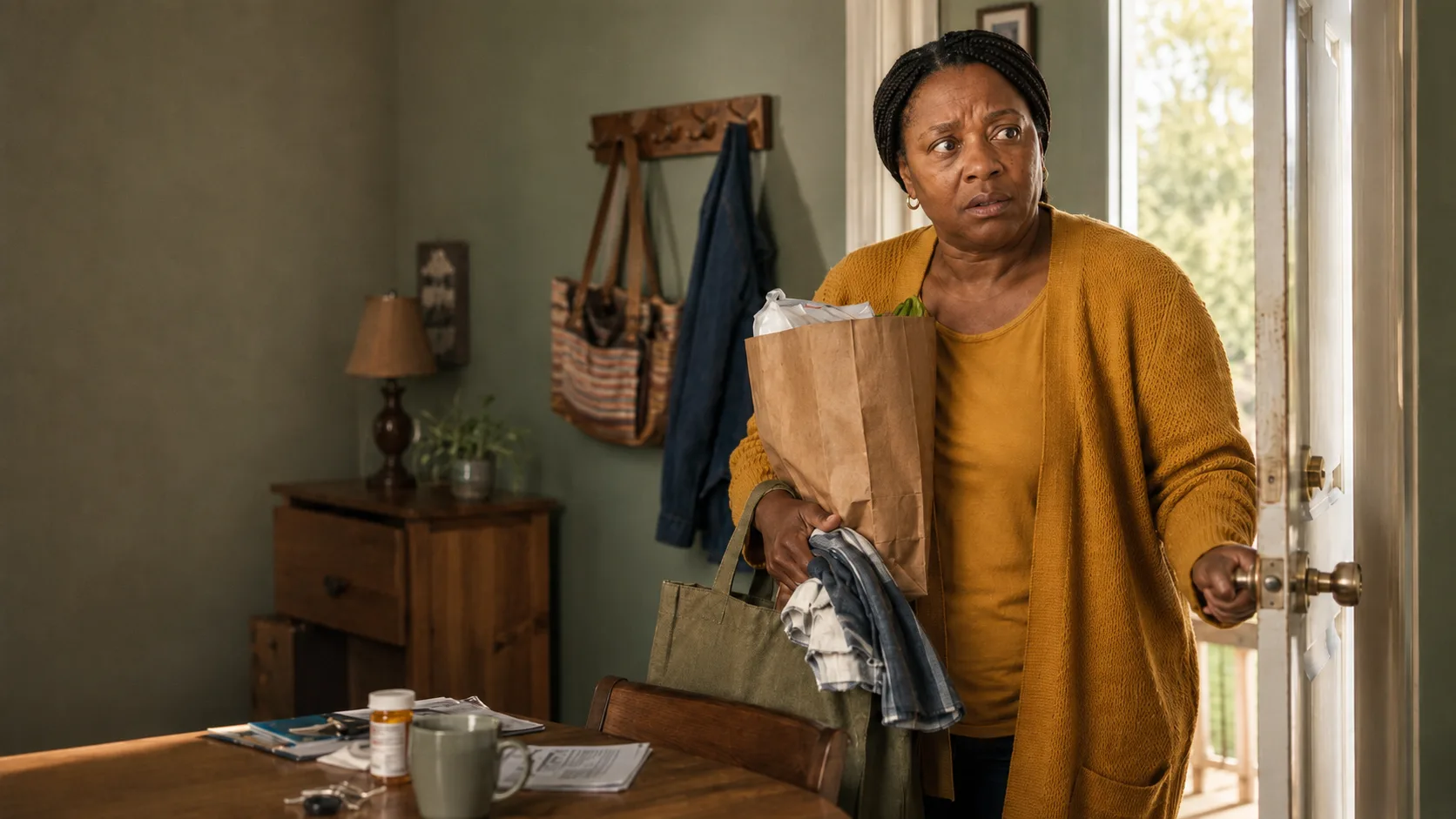Tanya arriving with a bag of groceries and a coat
