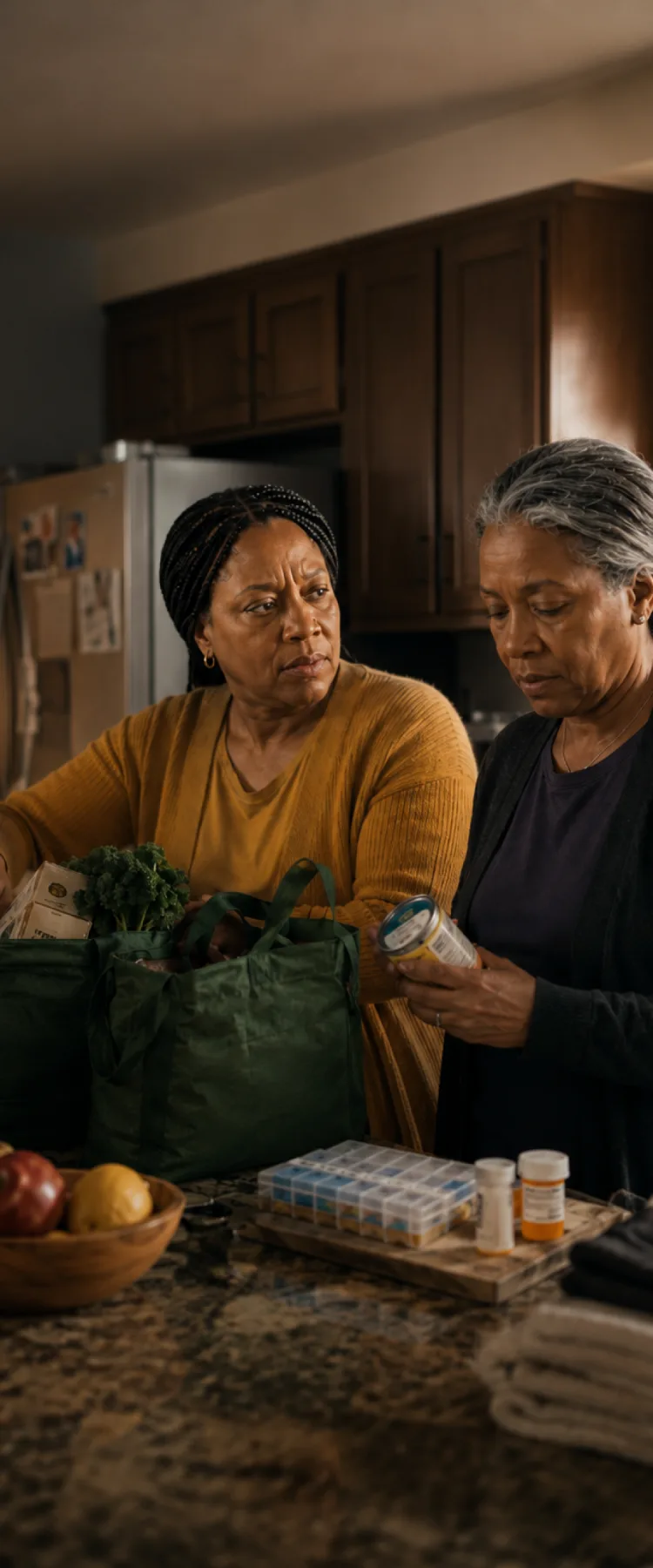 Tanya unpacking groceries and medication in Monica’s kitchen