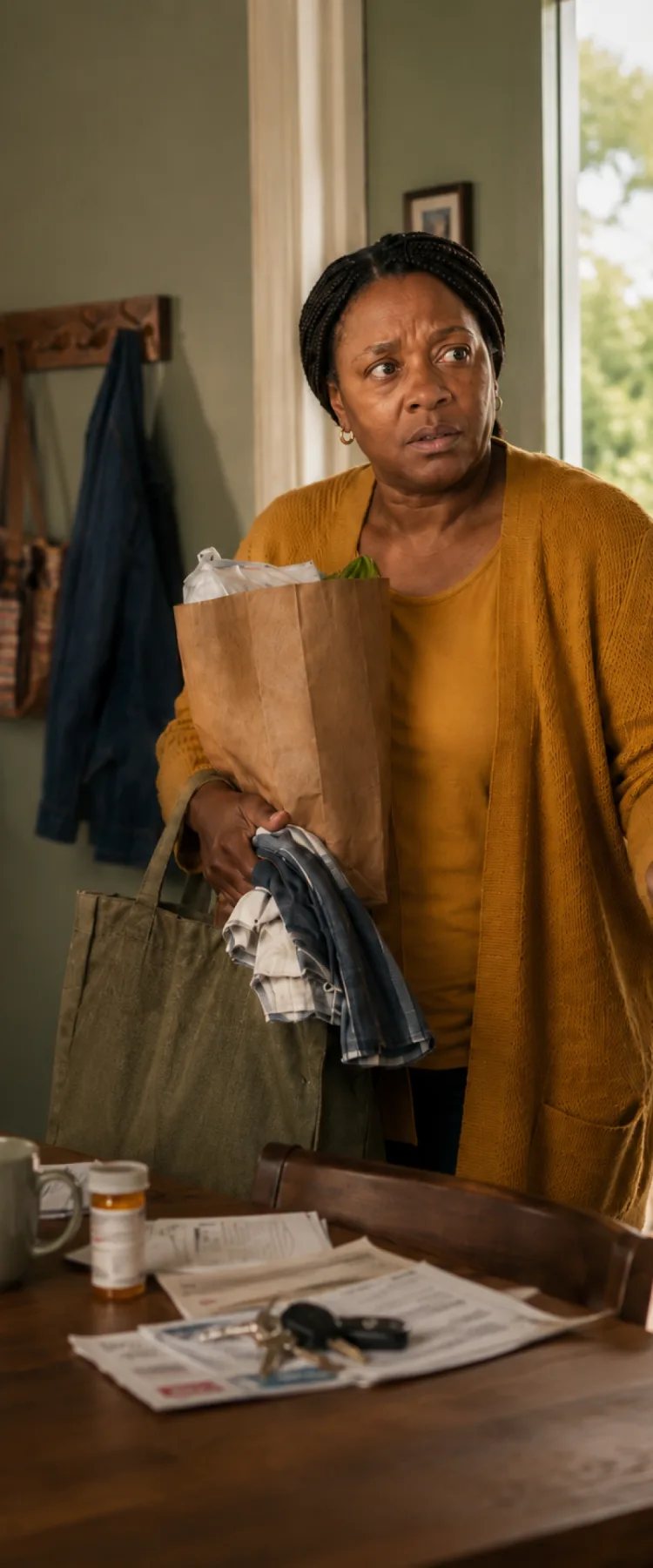 Tanya arriving with a bag of groceries and a coat