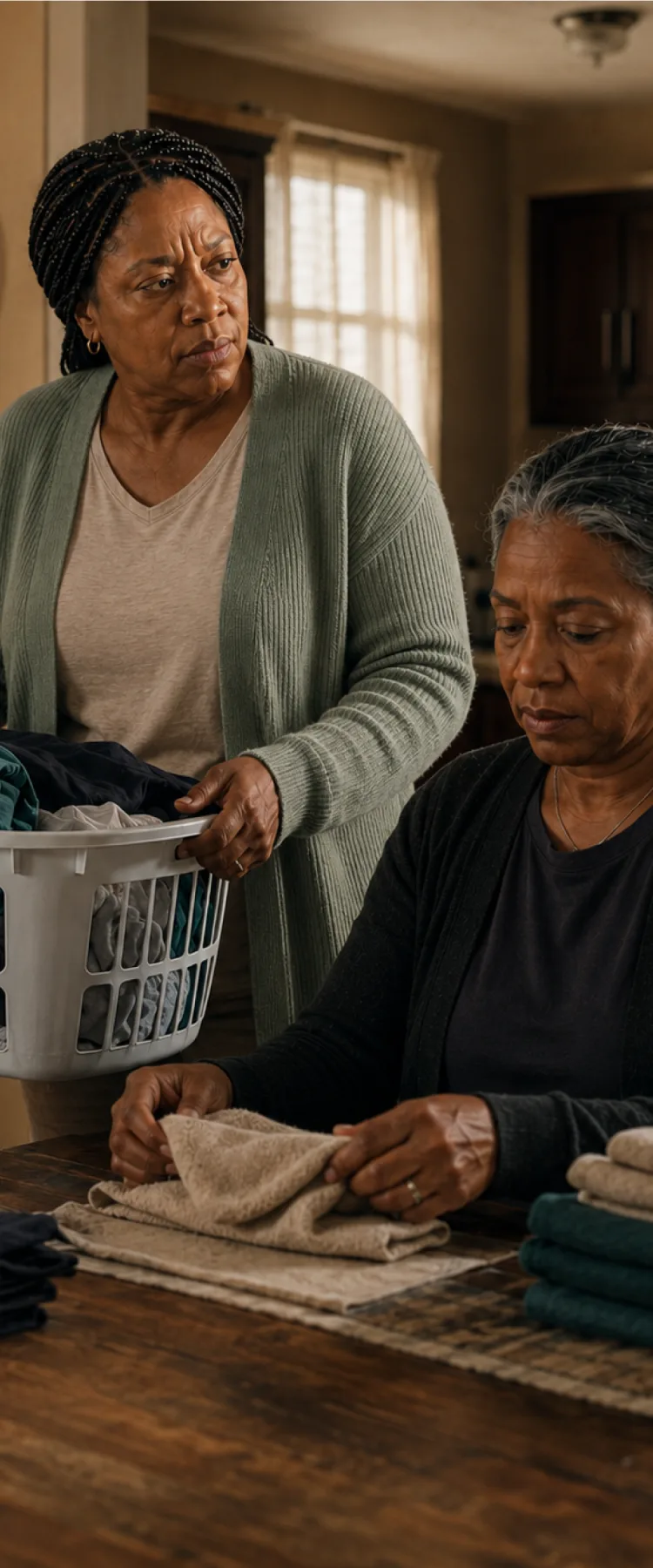 Tanya folding laundry beside Monica