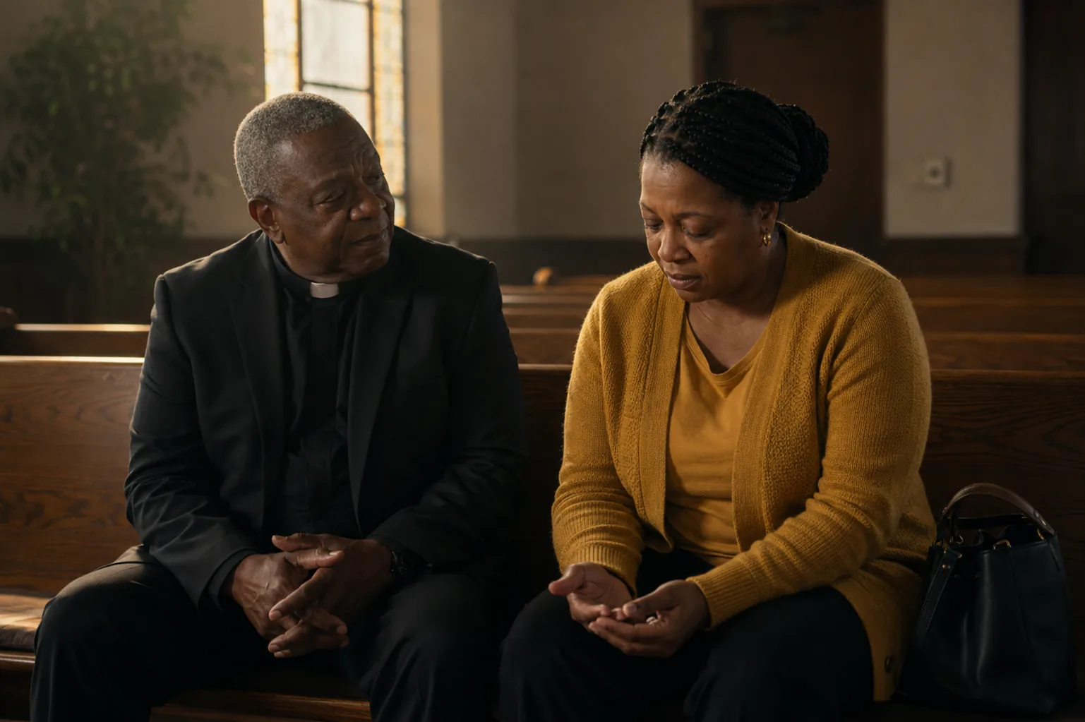 Tanya Brooks talking with her pastor